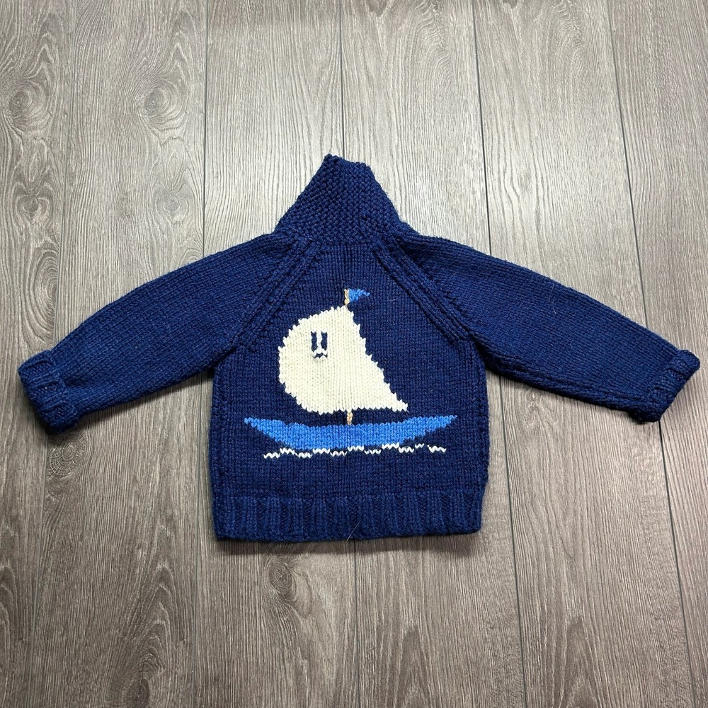 Vintage Kids Navy Blue Wool Cowichan Sweater Sailboat Anchor Hand Knit Cardigan
